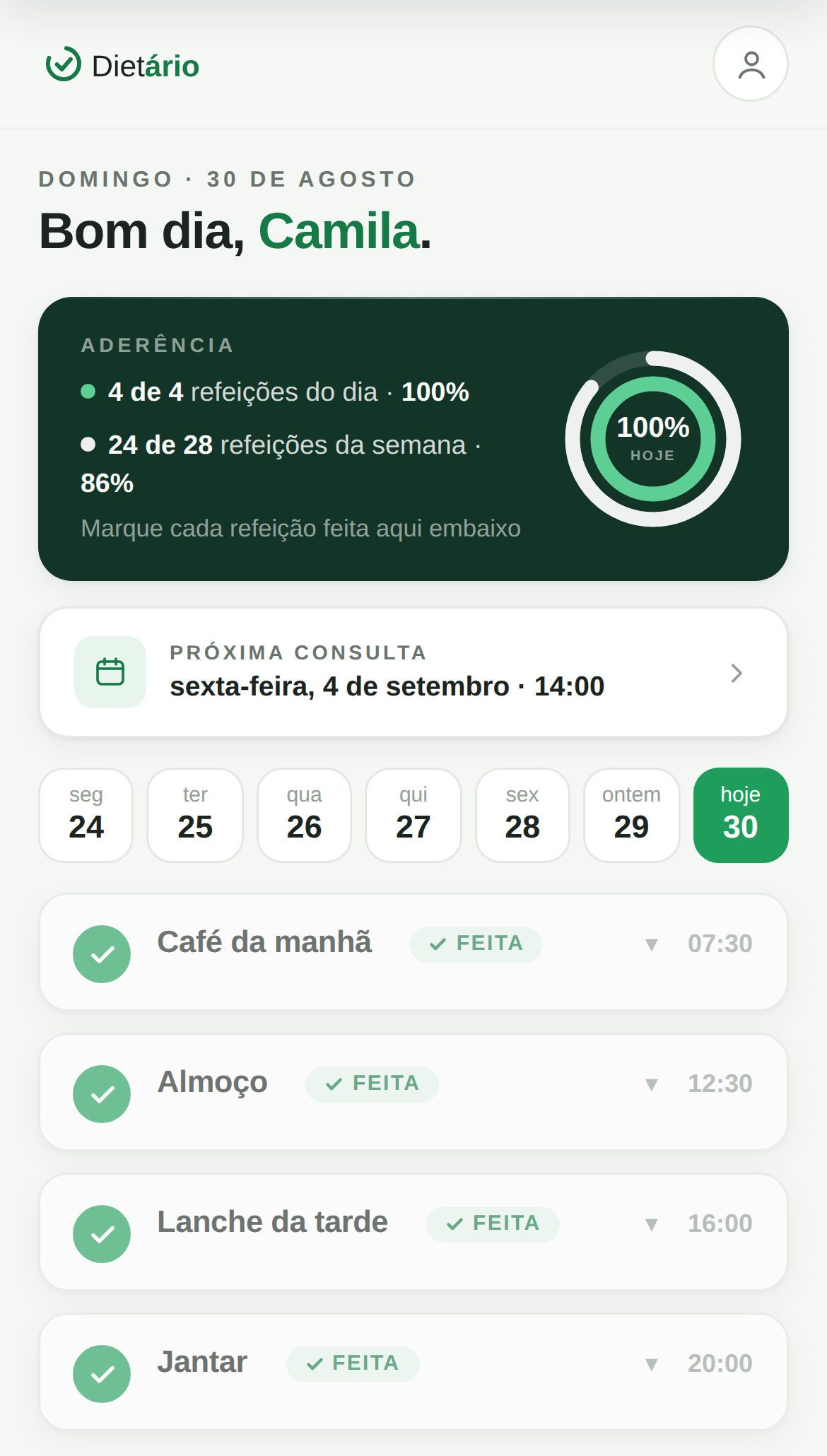 Tela do app do paciente Dietário: aderência da semana e refeições marcadas no dia